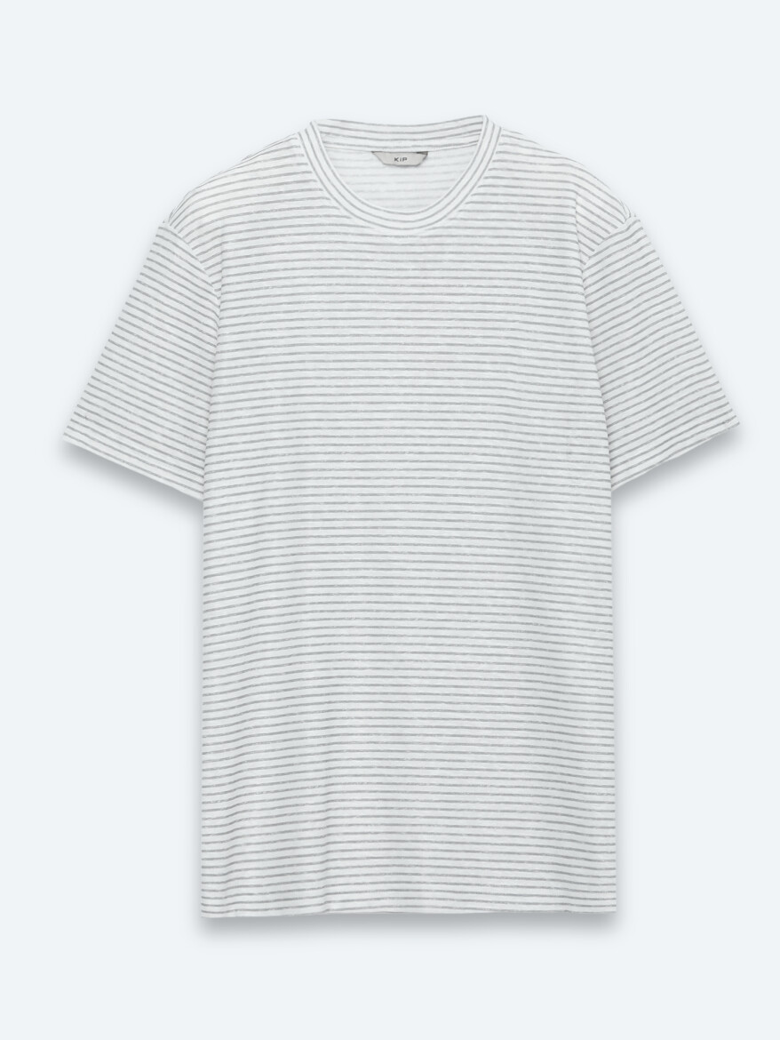 Gri Çizgili %100 Keten T-Shirt - 6