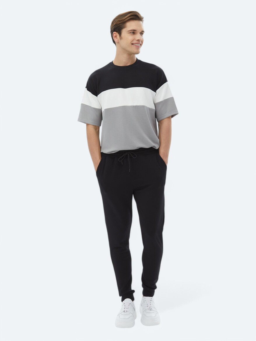 Gri Çizgili Bisiklet Yaka T-Shirt - 5