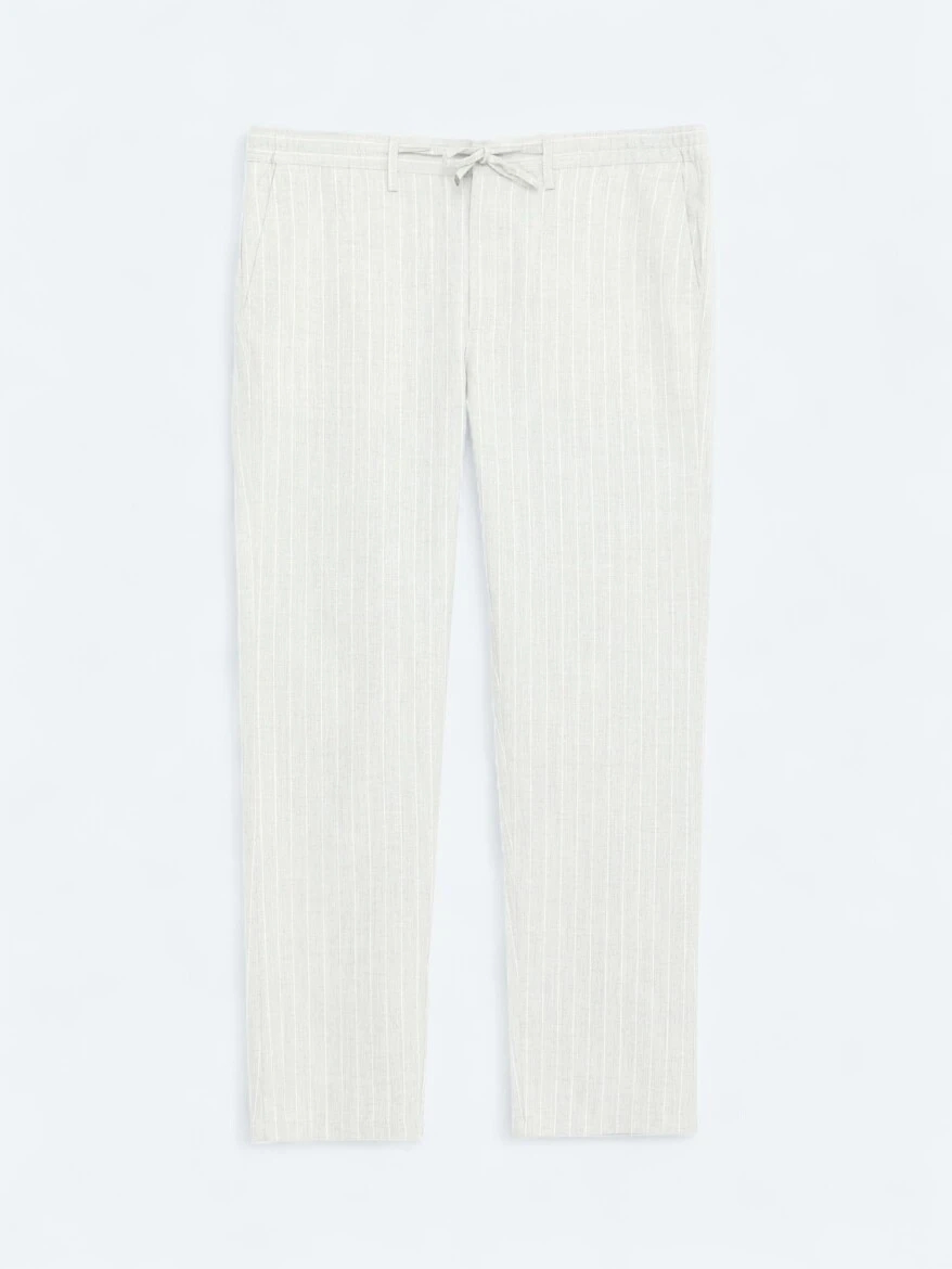 Gri Çizgili Dokuma Jogging Fit Casual Keten Karışımlı Pantolon - 6