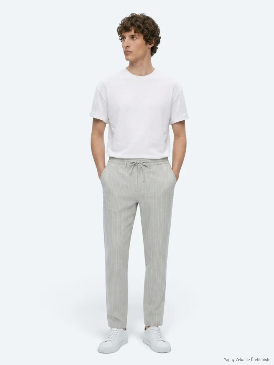Gri Çizgili Dokuma Jogging Fit Casual Keten Karışımlı Pantolon 