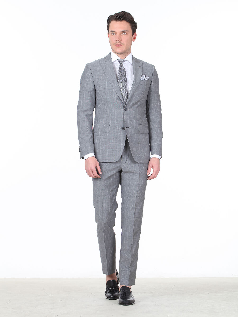 Gri Çizgili Modern Fit %100 Yün Takım Elbise - 1