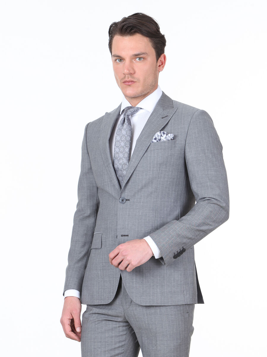 Gri Çizgili Modern Fit %100 Yün Takım Elbise - 3