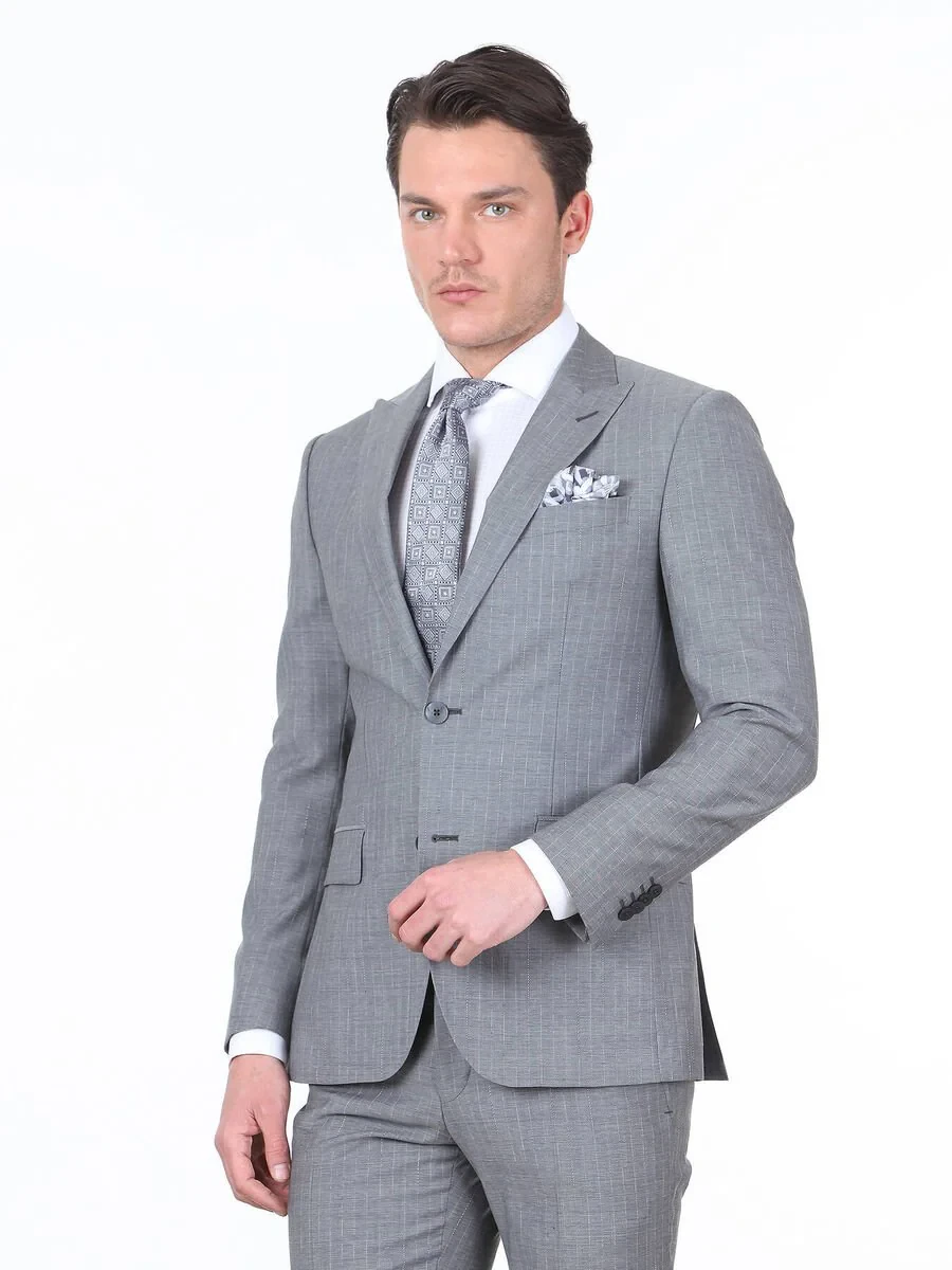 Gri Çizgili Modern Fit %100 Yün Takım Elbise - 3