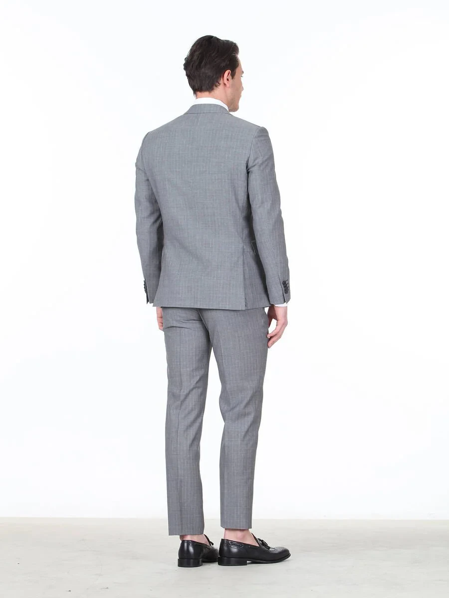 Gri Çizgili Modern Fit %100 Yün Takım Elbise - 4