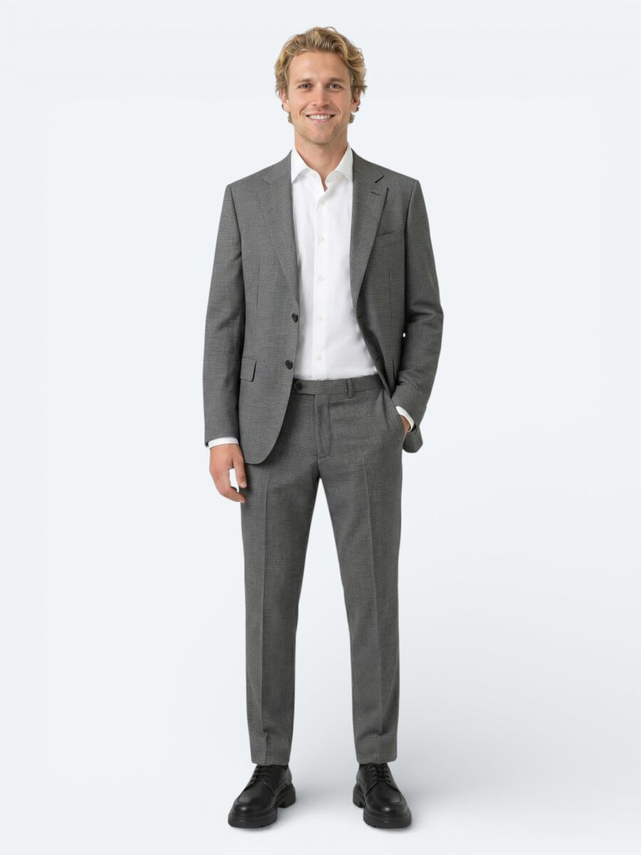 Gri Çizgili Modern Fit %100 Yün Takım Elbise - 2