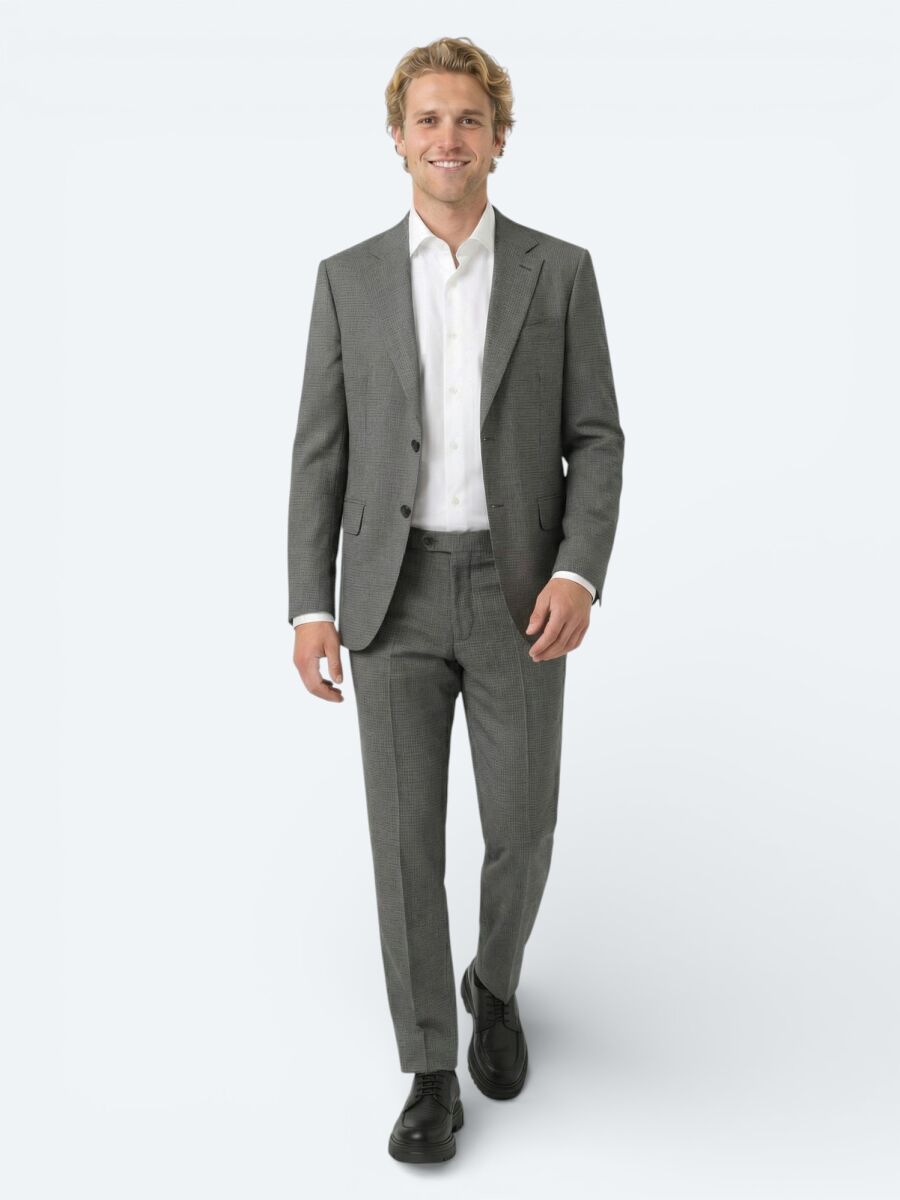 Gri Çizgili Modern Fit %100 Yün Takım Elbise - 4