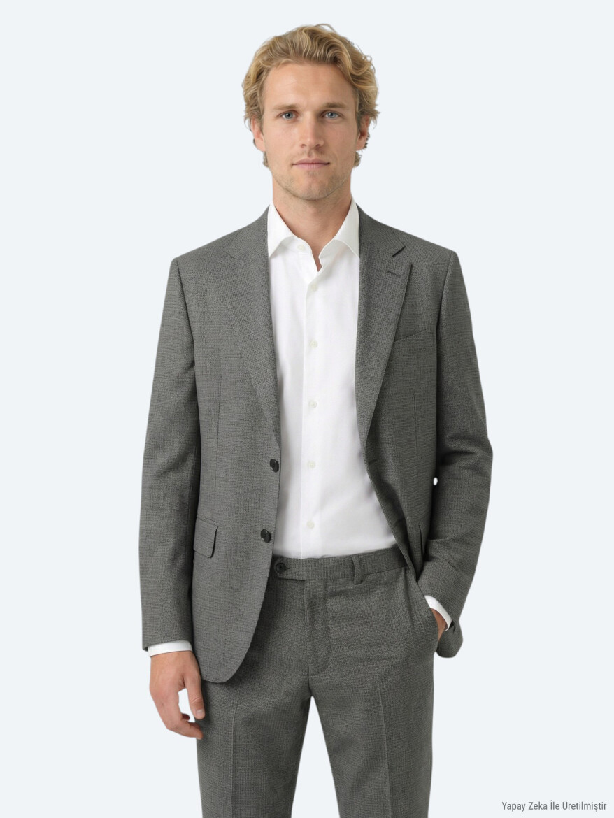 Gri Çizgili Modern Fit %100 Yün Takım Elbise - KİP