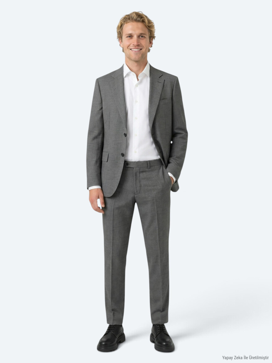 Gri Çizgili Modern Fit %100 Yün Takım Elbise - KİP