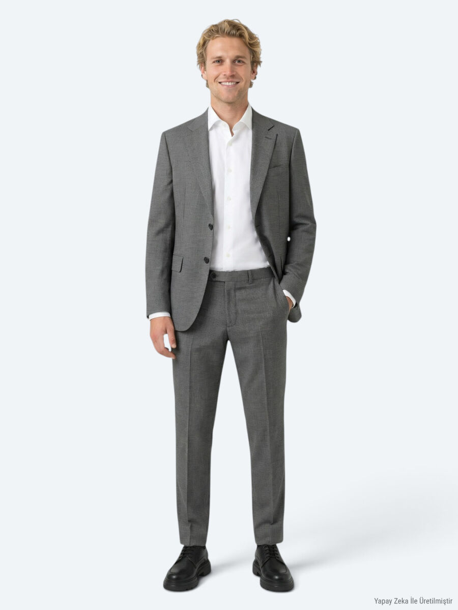 Gri Çizgili Modern Fit %100 Yün Takım Elbise - 2