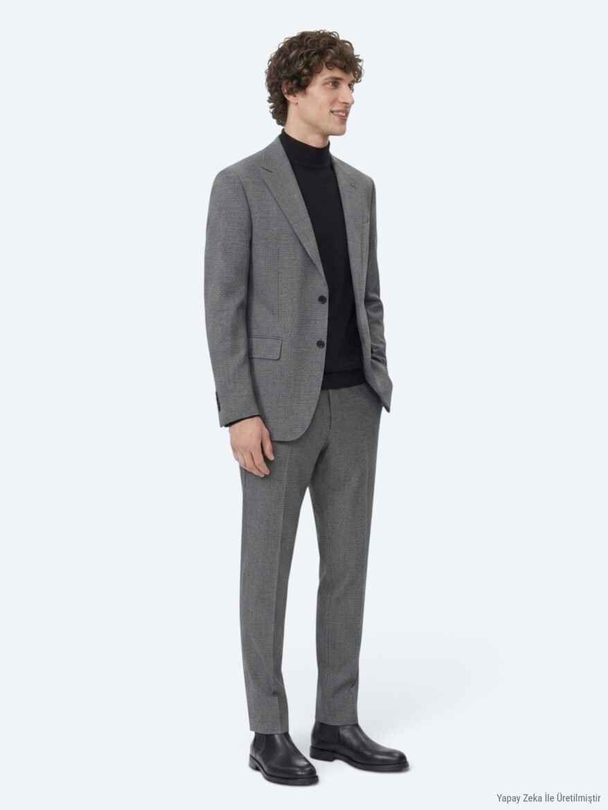 Gri Çizgili Modern Fit %100 Yün Takım Elbise - KİP