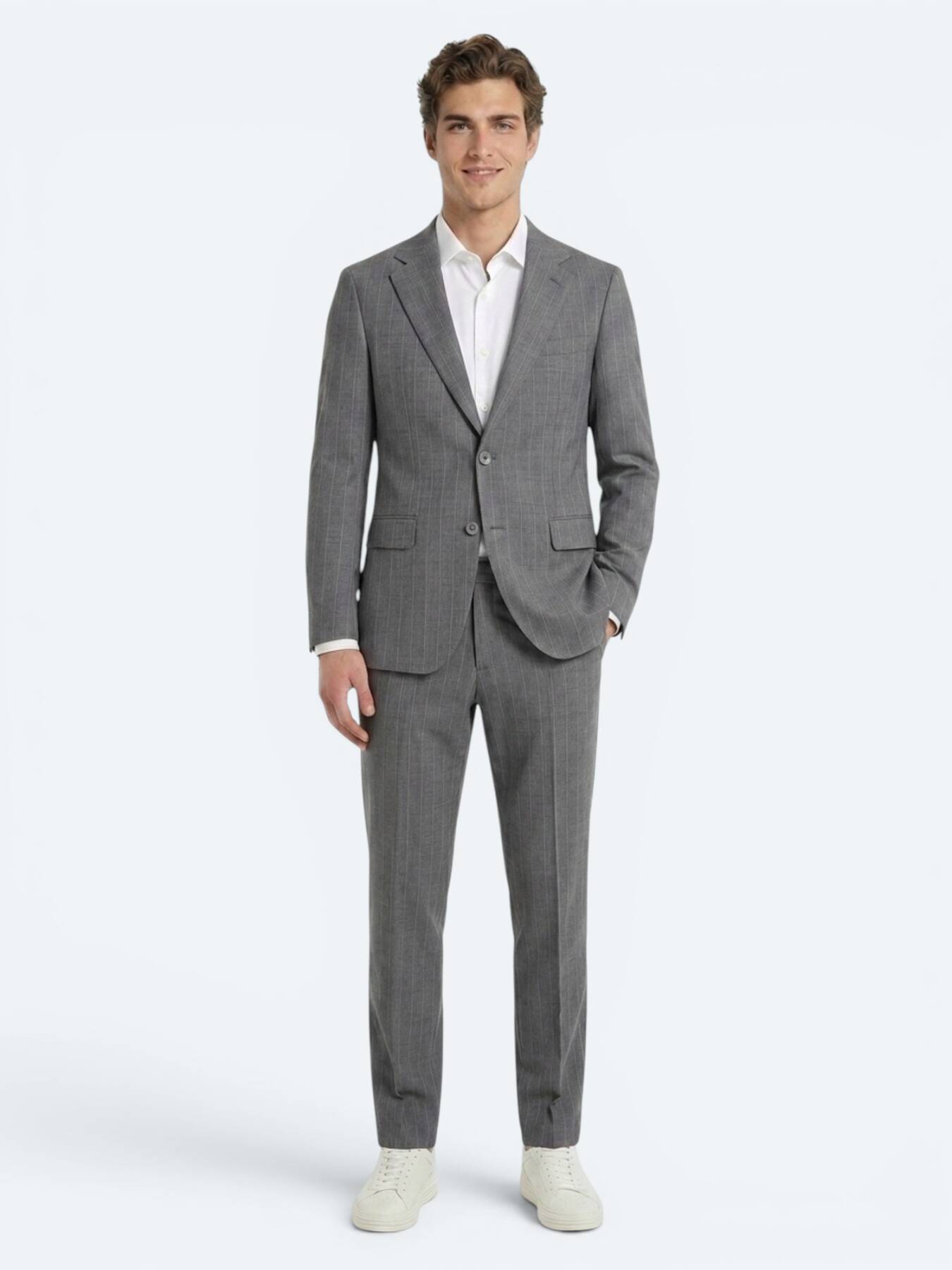 Gri Çizgili Modern Fit İpek Karışımlı Takım Elbise