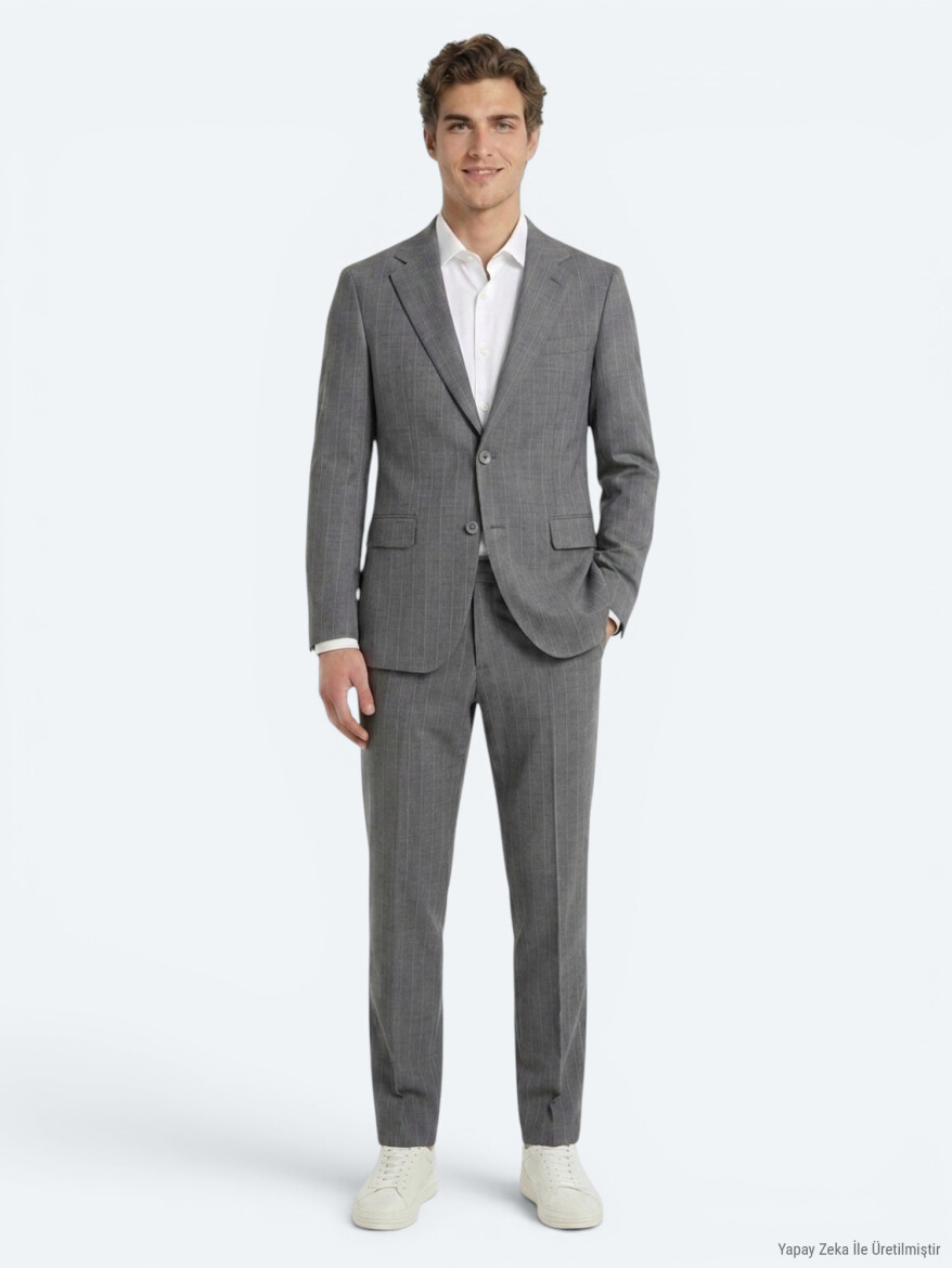 Gri Çizgili Modern Fit İpek Karışımlı Takım Elbise - KİP