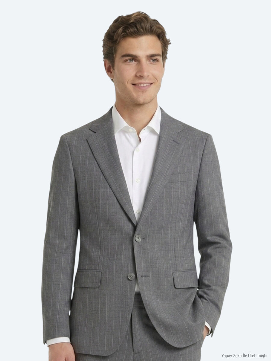 Gri Çizgili Modern Fit İpek Karışımlı Takım Elbise - 2