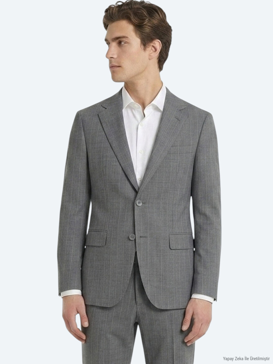 Gri Çizgili Modern Fit İpek Karışımlı Takım Elbise - 4