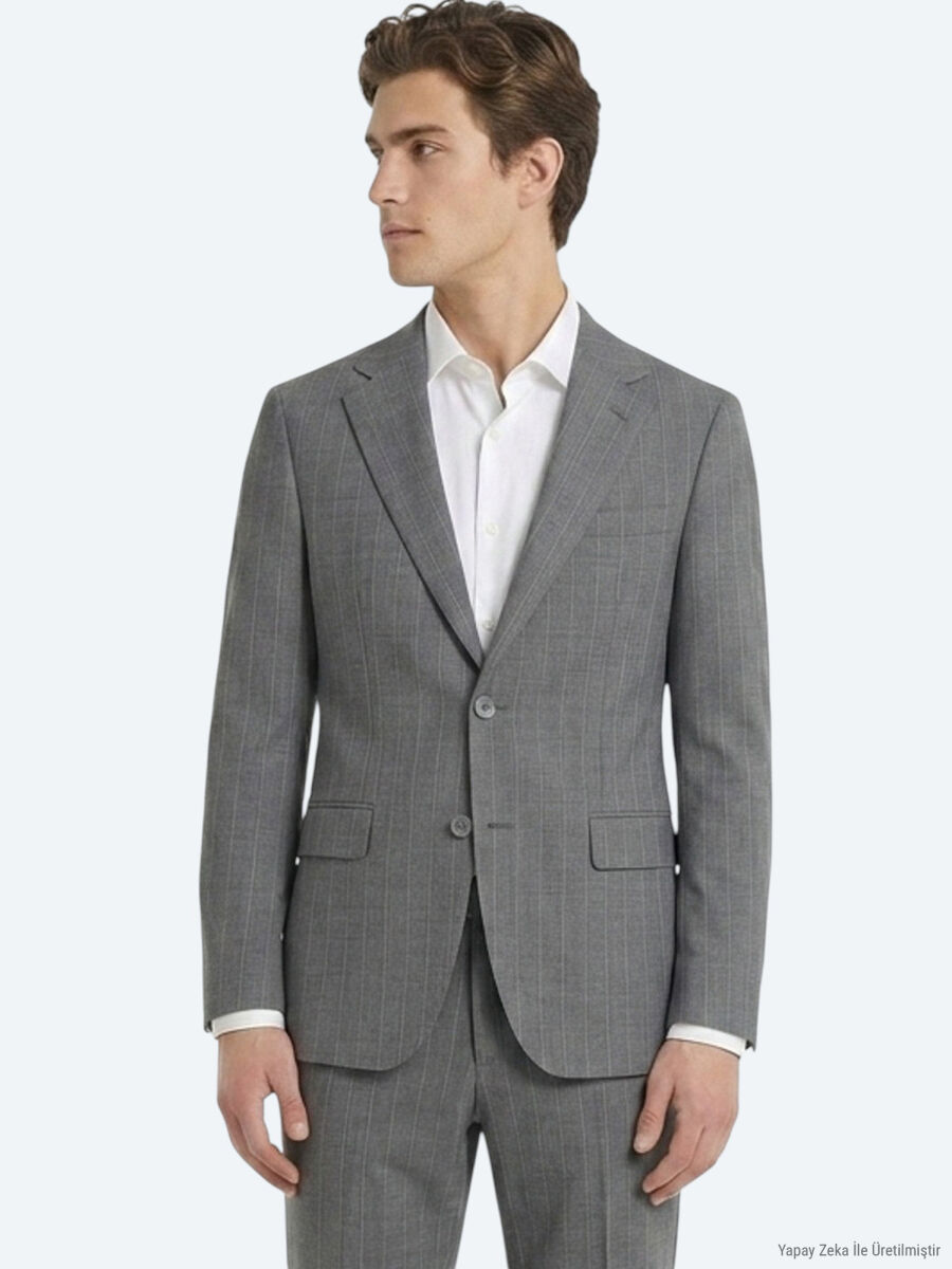 Gri Çizgili Modern Fit İpek Karışımlı Takım Elbise - 4