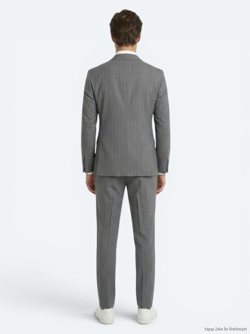 Gri Çizgili Modern Fit İpek Karışımlı Takım Elbise - 5