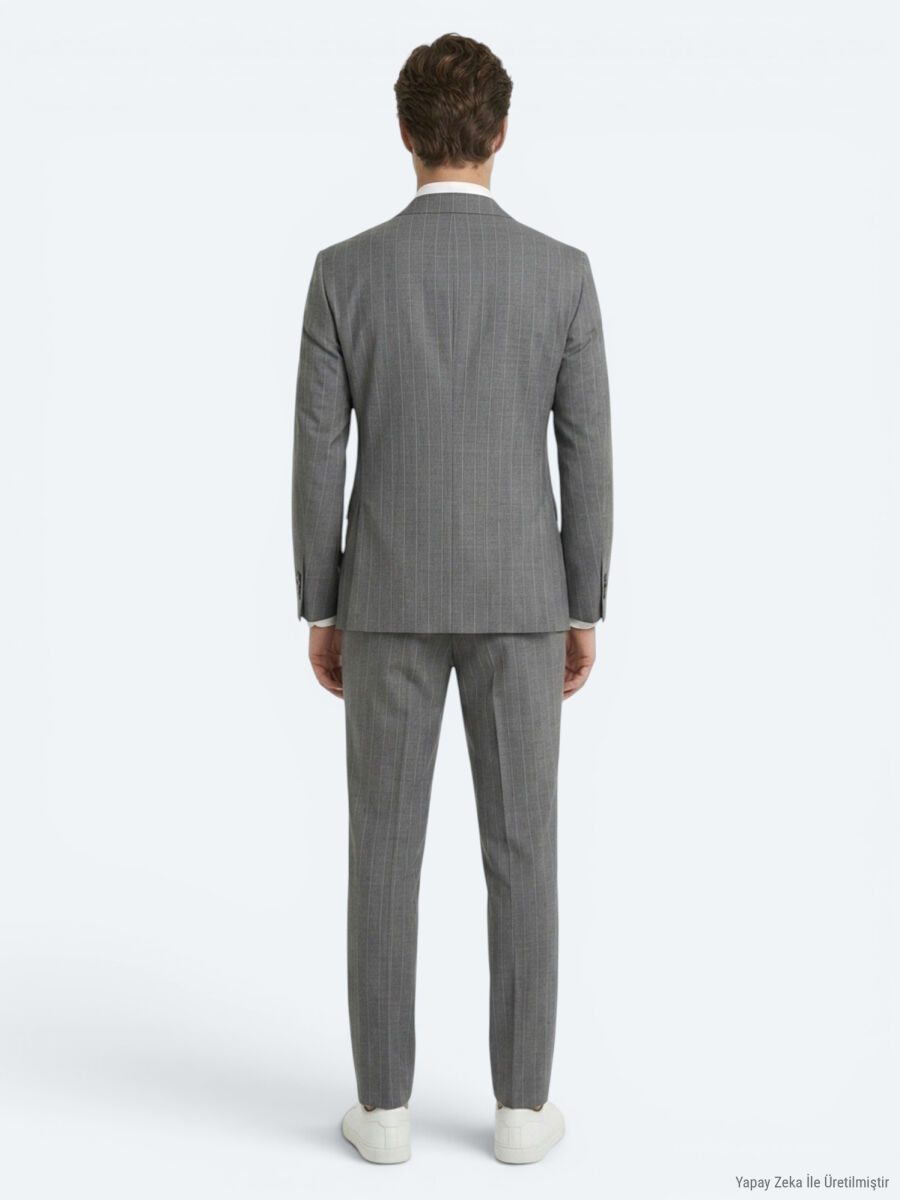 Gri Çizgili Modern Fit İpek Karışımlı Takım Elbise - 5