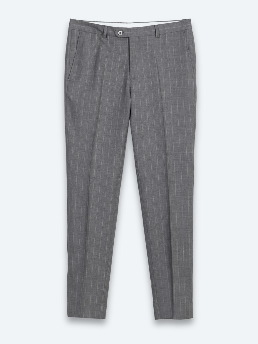 Gri Çizgili Modern Fit İpek Karışımlı Takım Elbise - 7