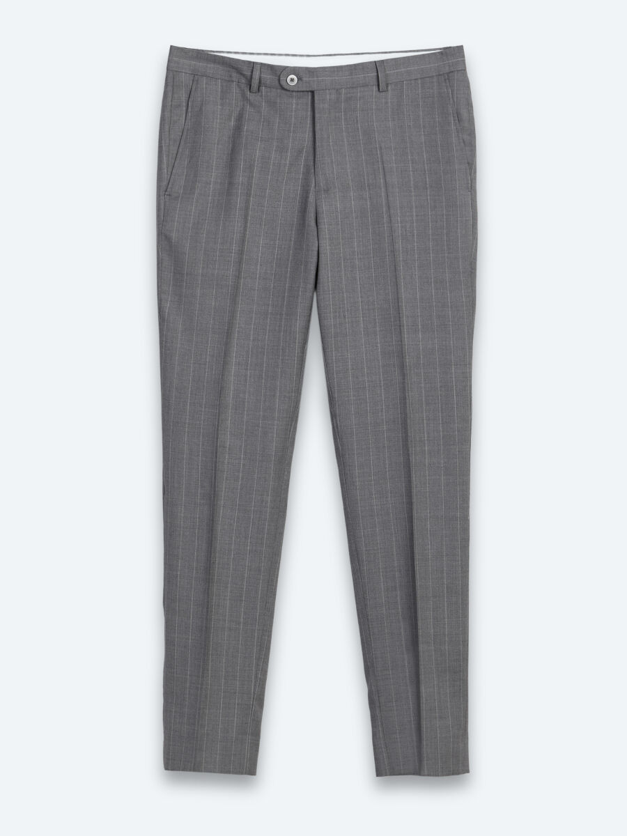 Gri Çizgili Modern Fit İpek Karışımlı Takım Elbise - 7