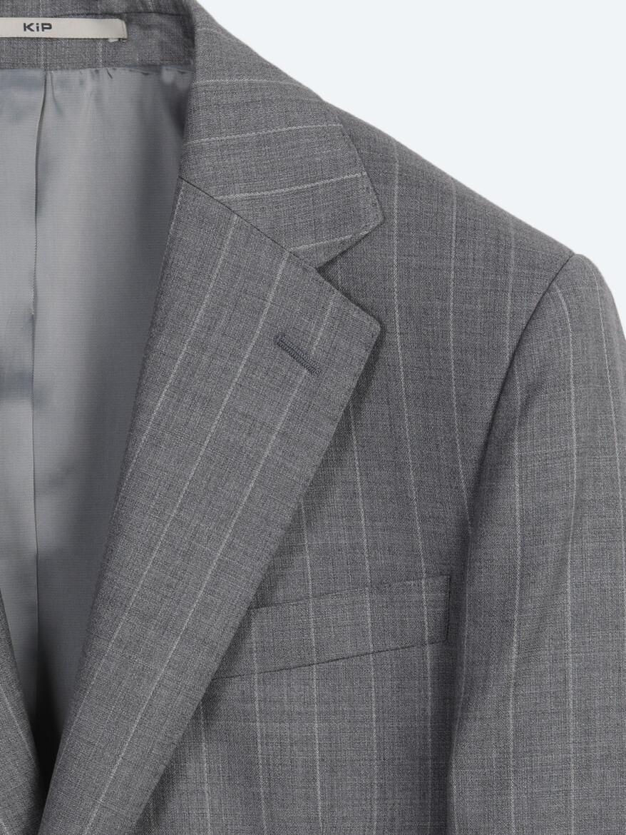 Gri Çizgili Modern Fit İpek Karışımlı Takım Elbise - 8