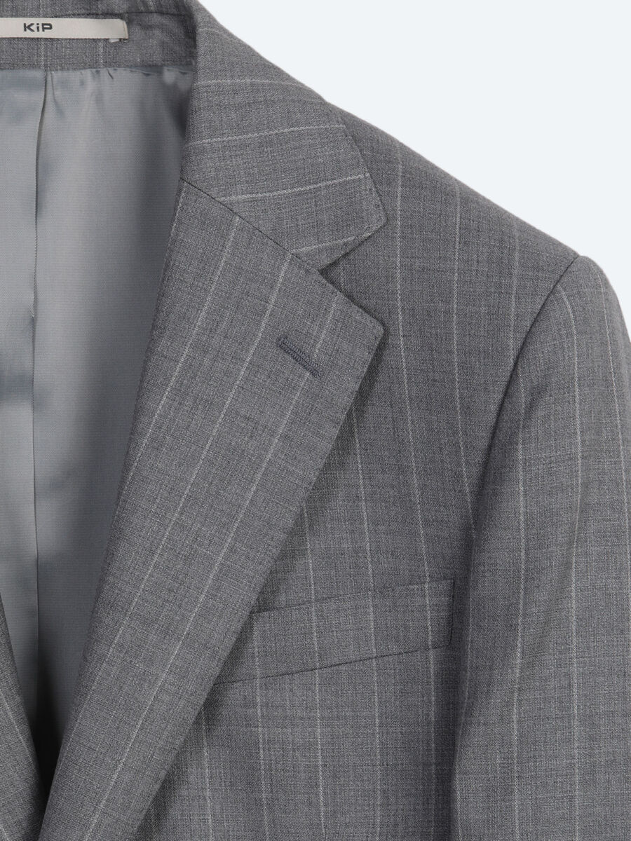 Gri Çizgili Modern Fit İpek Karışımlı Takım Elbise - 8