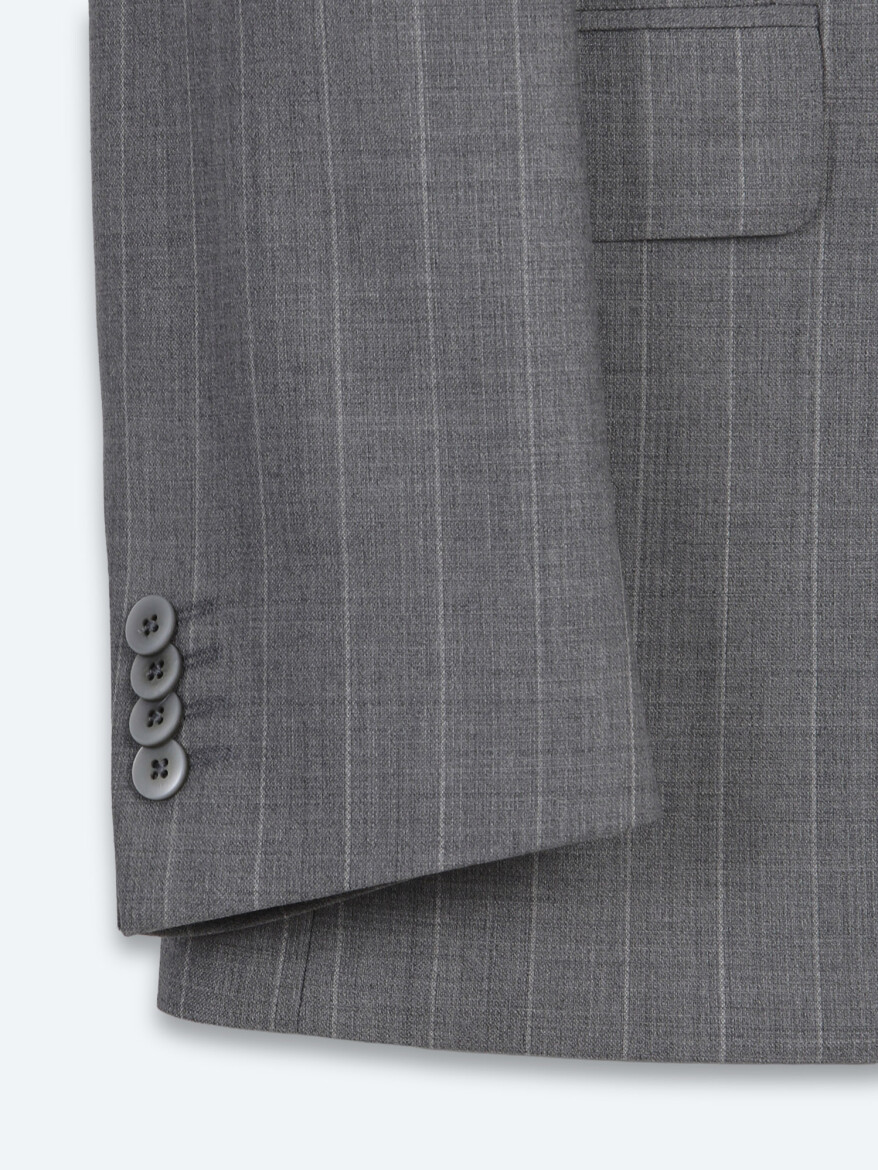 Gri Çizgili Modern Fit İpek Karışımlı Takım Elbise - 9