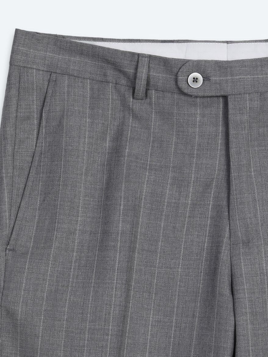 Gri Çizgili Modern Fit İpek Karışımlı Takım Elbise - 11