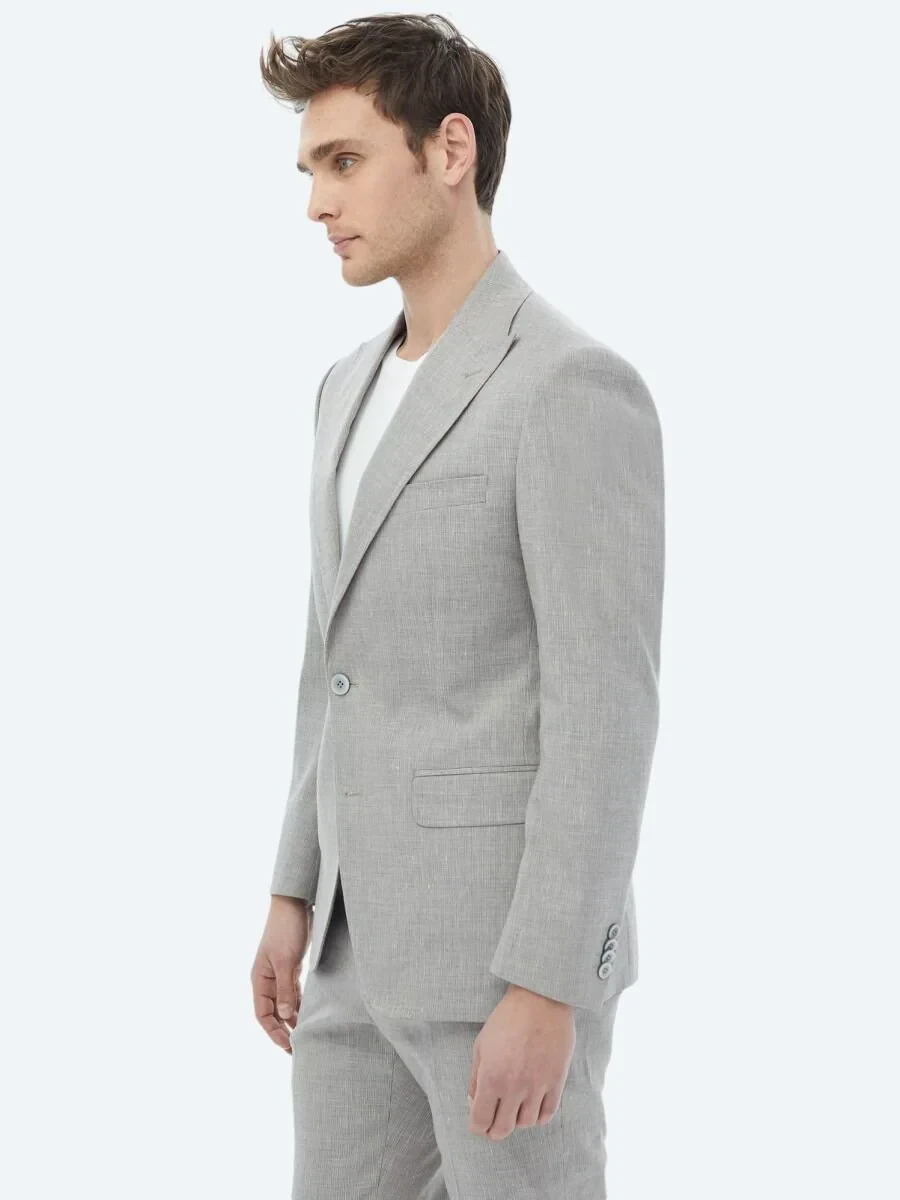 Gri Çizgili Modern Fit Keten Karışımlı Takım Elbise - 3