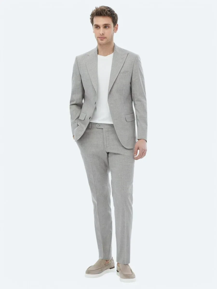 Gri Çizgili Modern Fit Keten Karışımlı Takım Elbise - 4