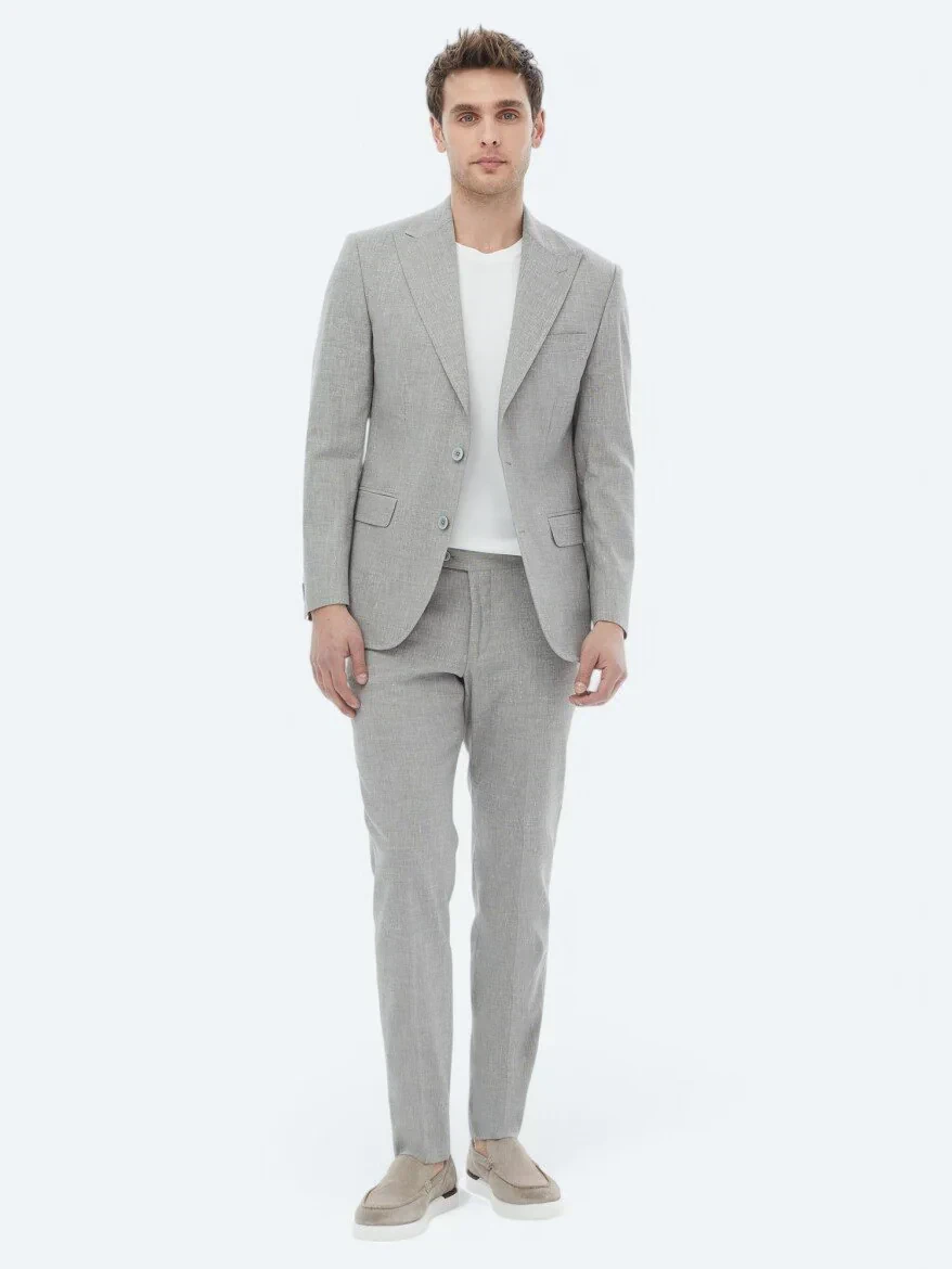 Gri Çizgili Modern Fit Keten Karışımlı Takım Elbise - 7