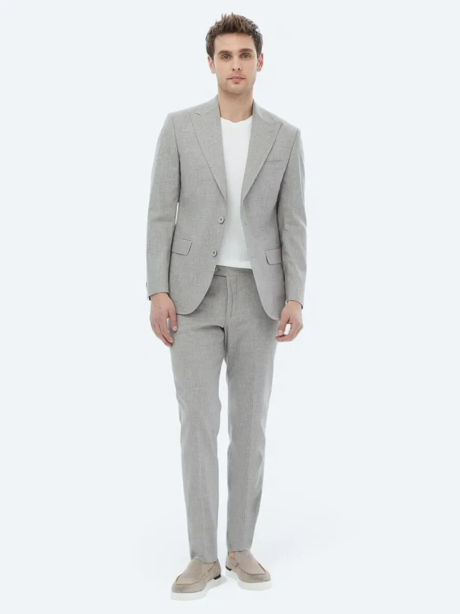 Gri Çizgili Modern Fit Keten Karışımlı Takım Elbise - 7