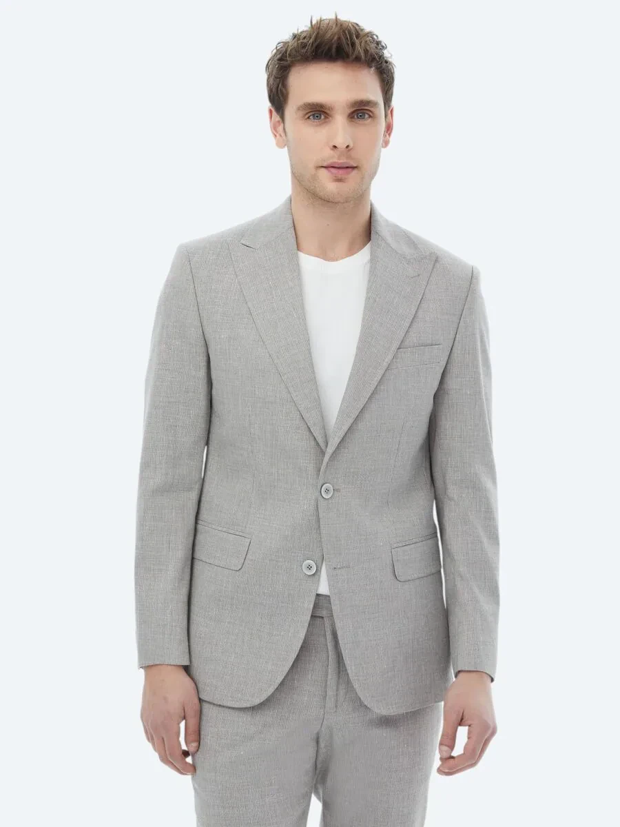 Gri Çizgili Modern Fit Keten Karışımlı Takım Elbise - 8