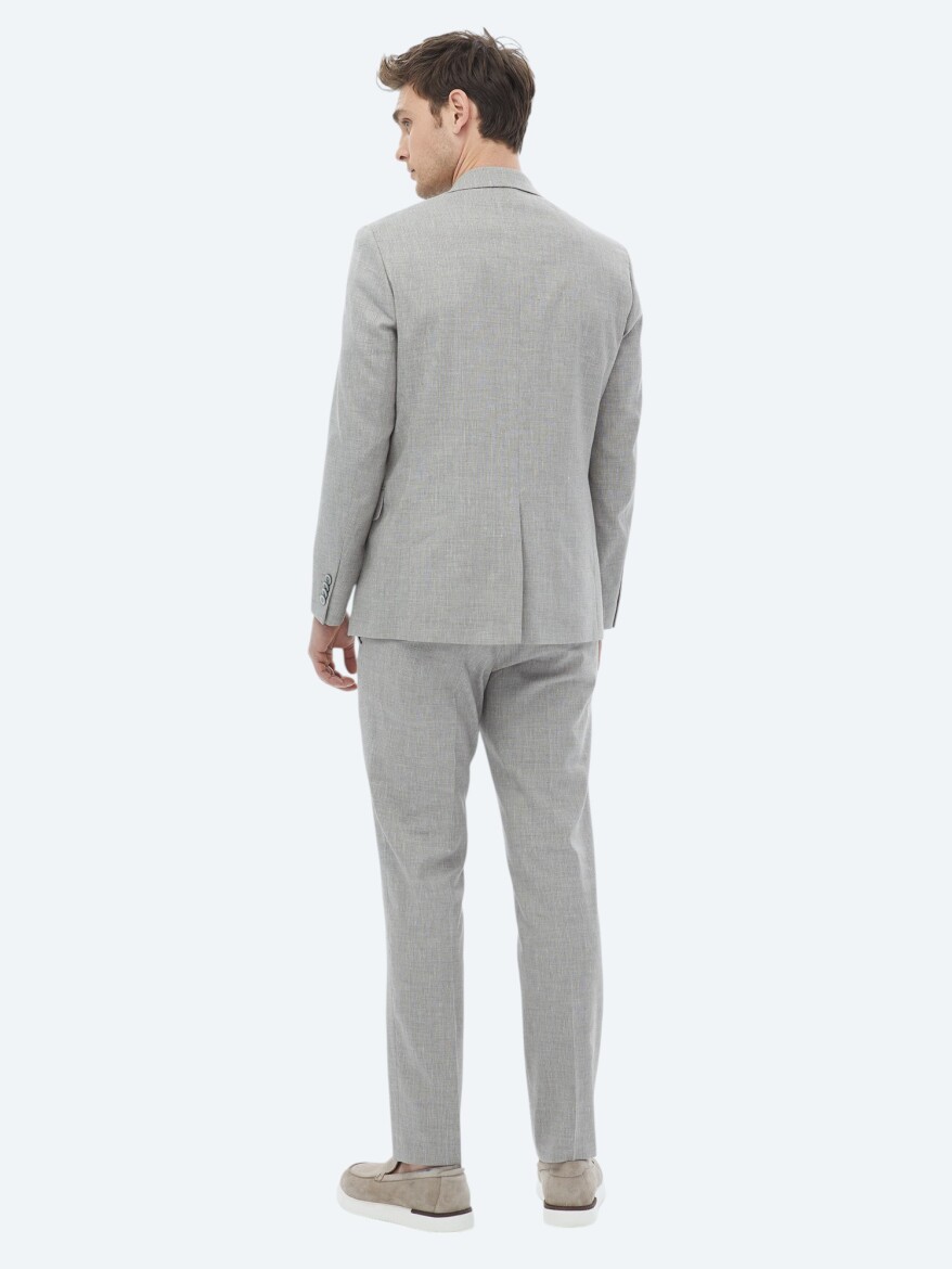 Gri Çizgili Modern Fit Keten Karışımlı Takım Elbise - 10