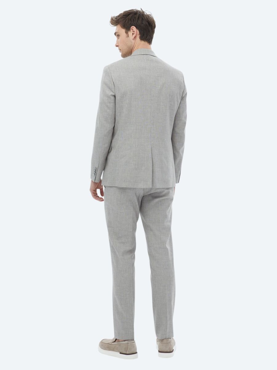 Gri Çizgili Modern Fit Keten Karışımlı Takım Elbise - 10