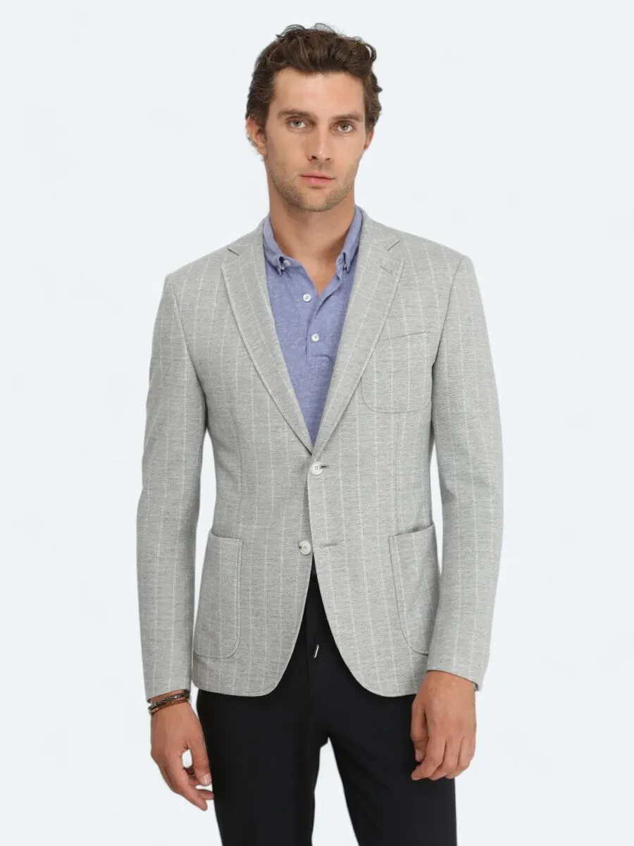 Gri Çizgili Modern Fit Örme Ceket - 1