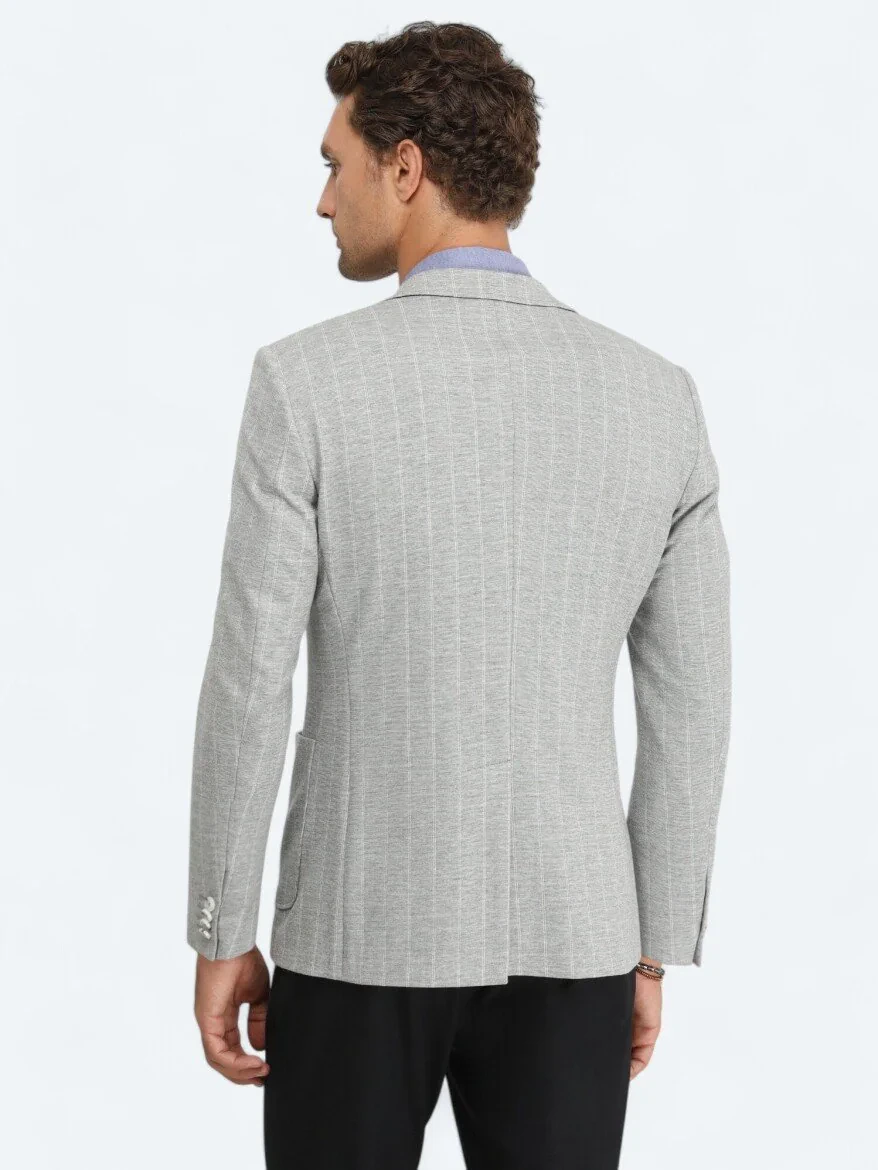 Gri Çizgili Modern Fit Örme Ceket - 6