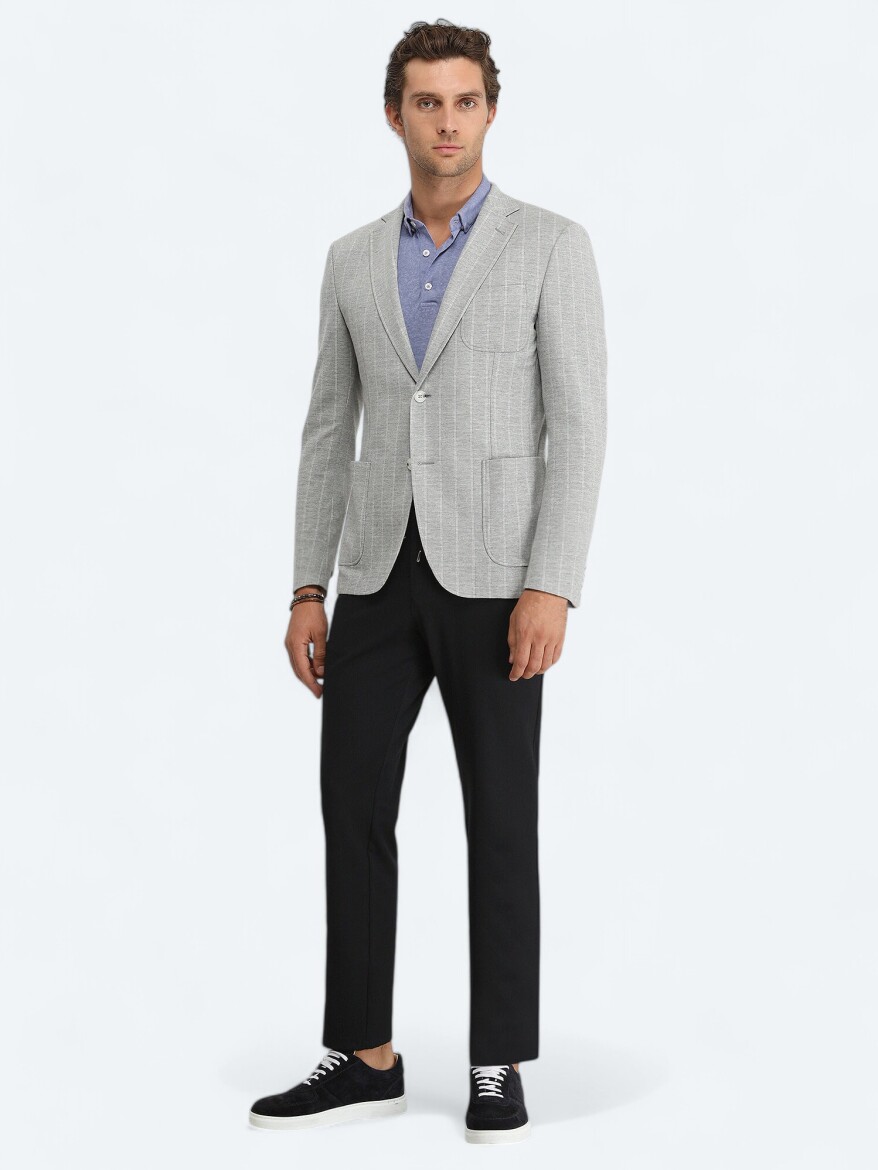 Gri Çizgili Modern Fit Örme Ceket - 2