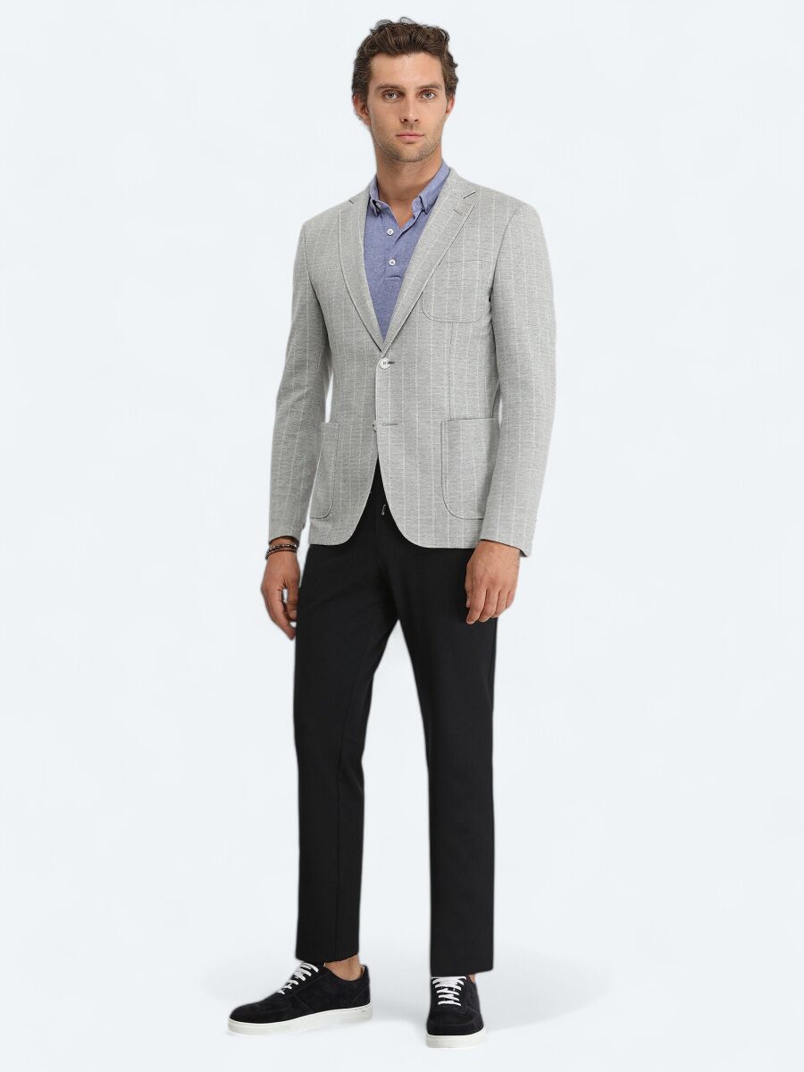 Gri Çizgili Modern Fit Örme Ceket - 2