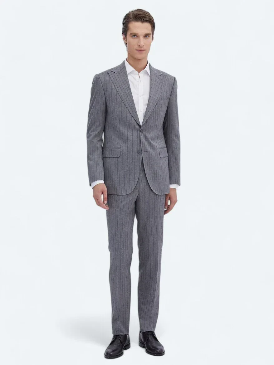 Gri Çizgili Modern Fit Takım Elbise - 2