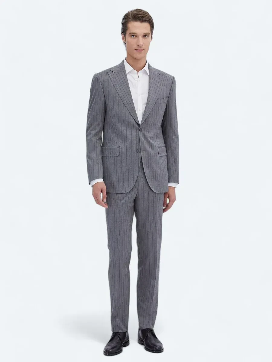 Gri Çizgili Modern Fit Takım Elbise - 2