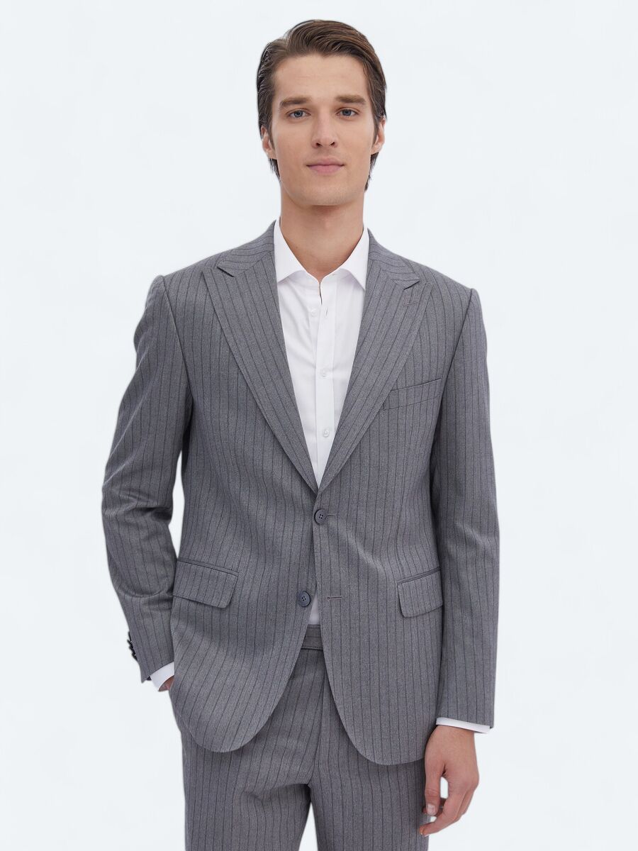 Gri Çizgili Modern Fit Takım Elbise - 1