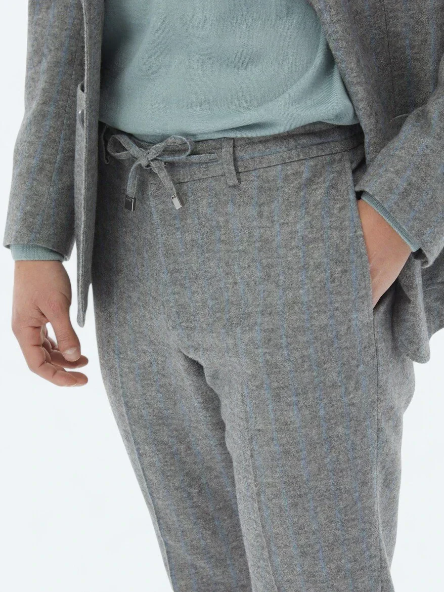 Gri Çizgili Modern Fit Yün Karışımlı Takım Elbise - 6
