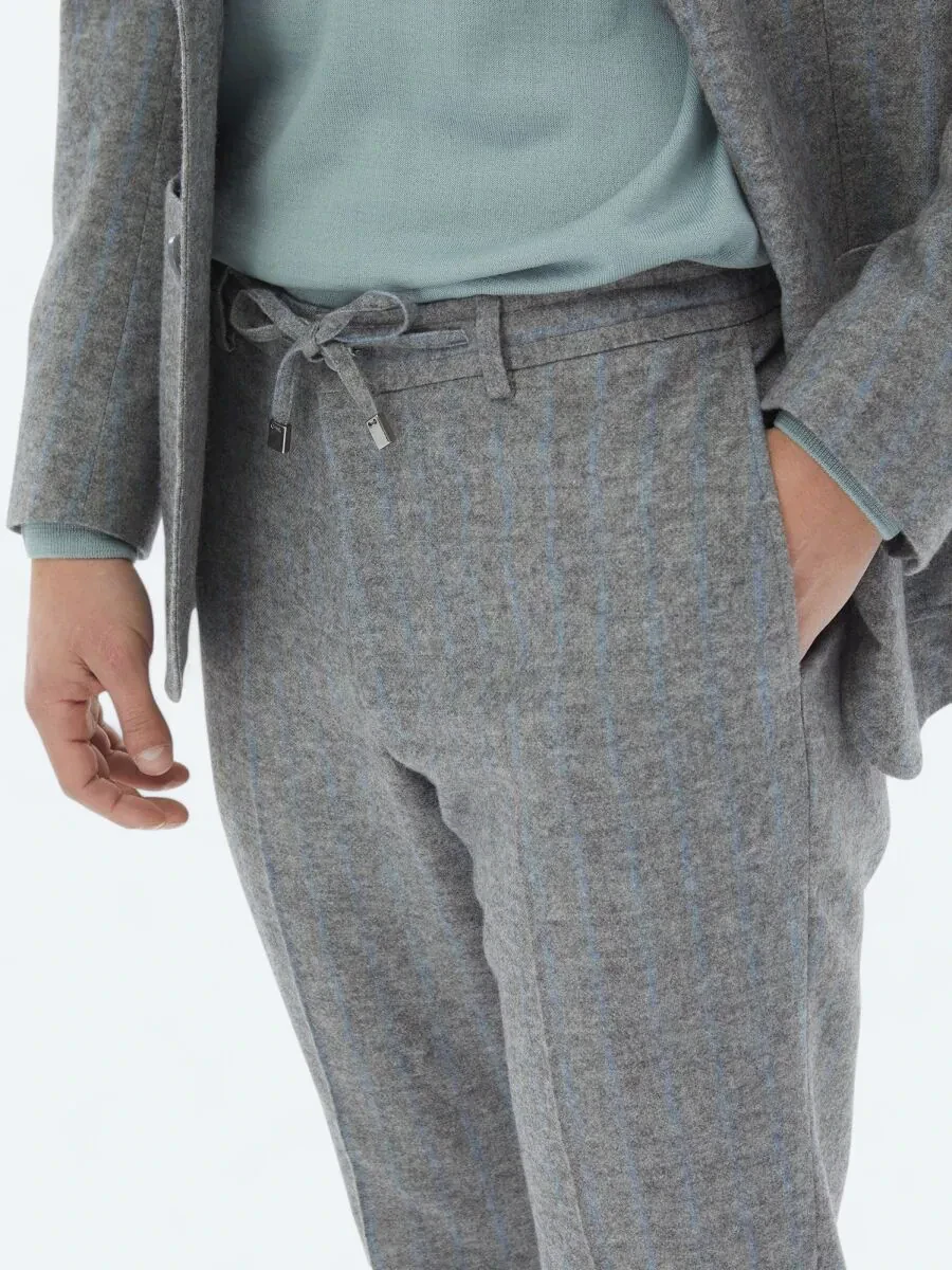 Gri Çizgili Modern Fit Yün Karışımlı Takım Elbise - 6