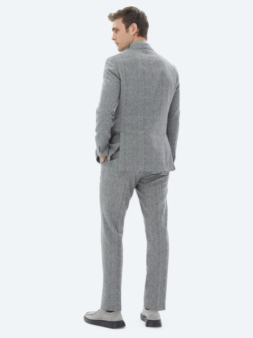 Gri Çizgili Modern Fit Yün Karışımlı Takım Elbise - 7