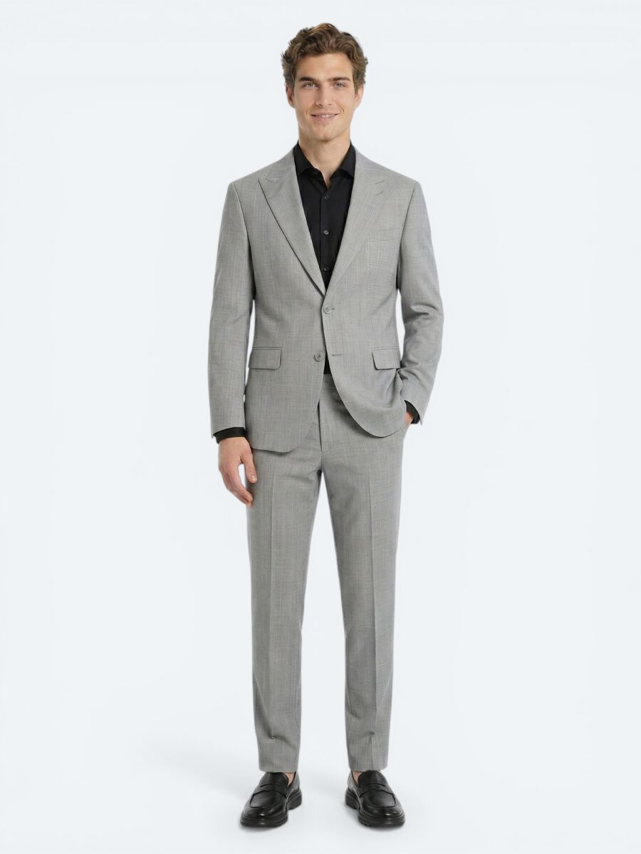 Gri Çizgili Modern Fit Yün Karışımlı Takım Elbise - 1