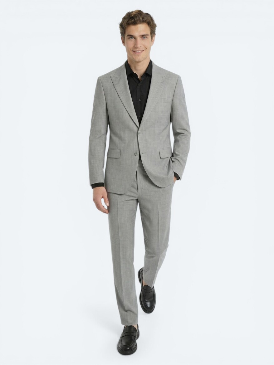 Gri Çizgili Modern Fit Yün Karışımlı Takım Elbise - 4