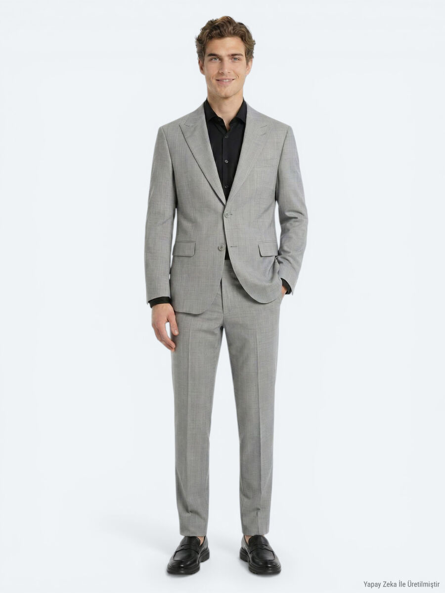 Gri Çizgili Modern Fit Yün Karışımlı Takım Elbise - 1