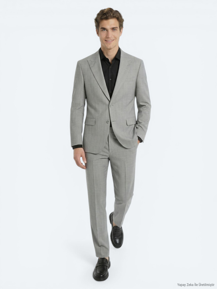 Gri Çizgili Modern Fit Yün Karışımlı Takım Elbise - 4