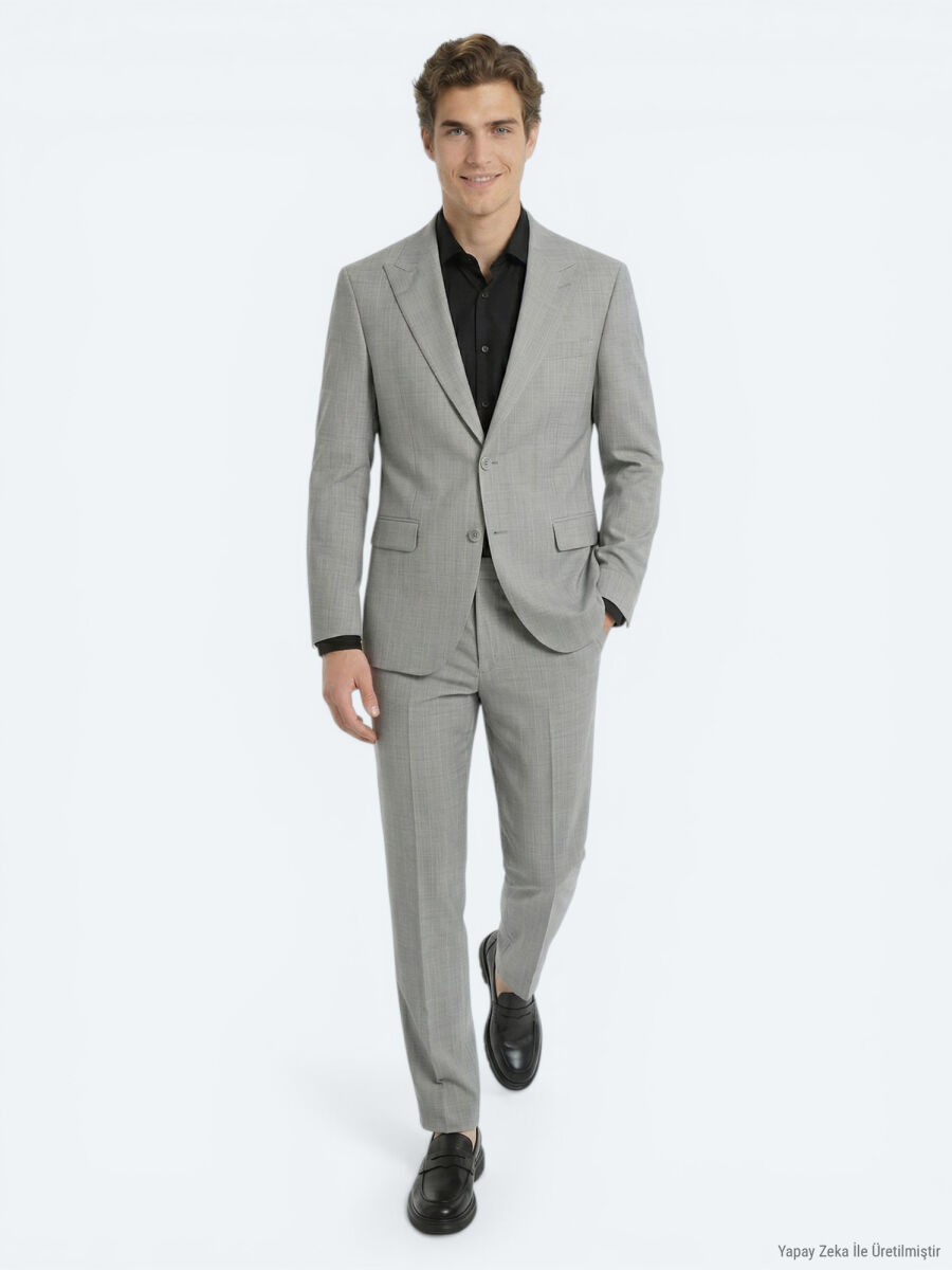 Gri Çizgili Modern Fit Yün Karışımlı Takım Elbise - 4