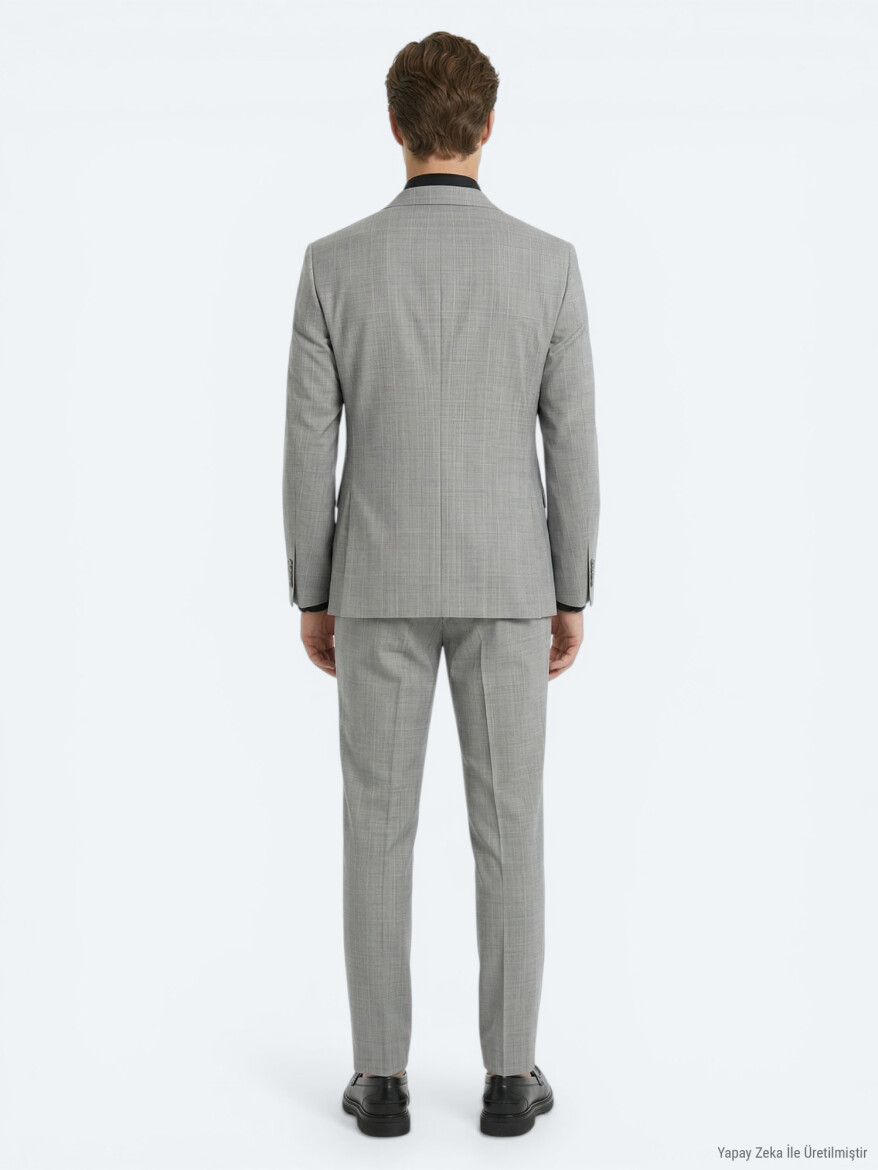 Gri Çizgili Modern Fit Yün Karışımlı Takım Elbise - 5